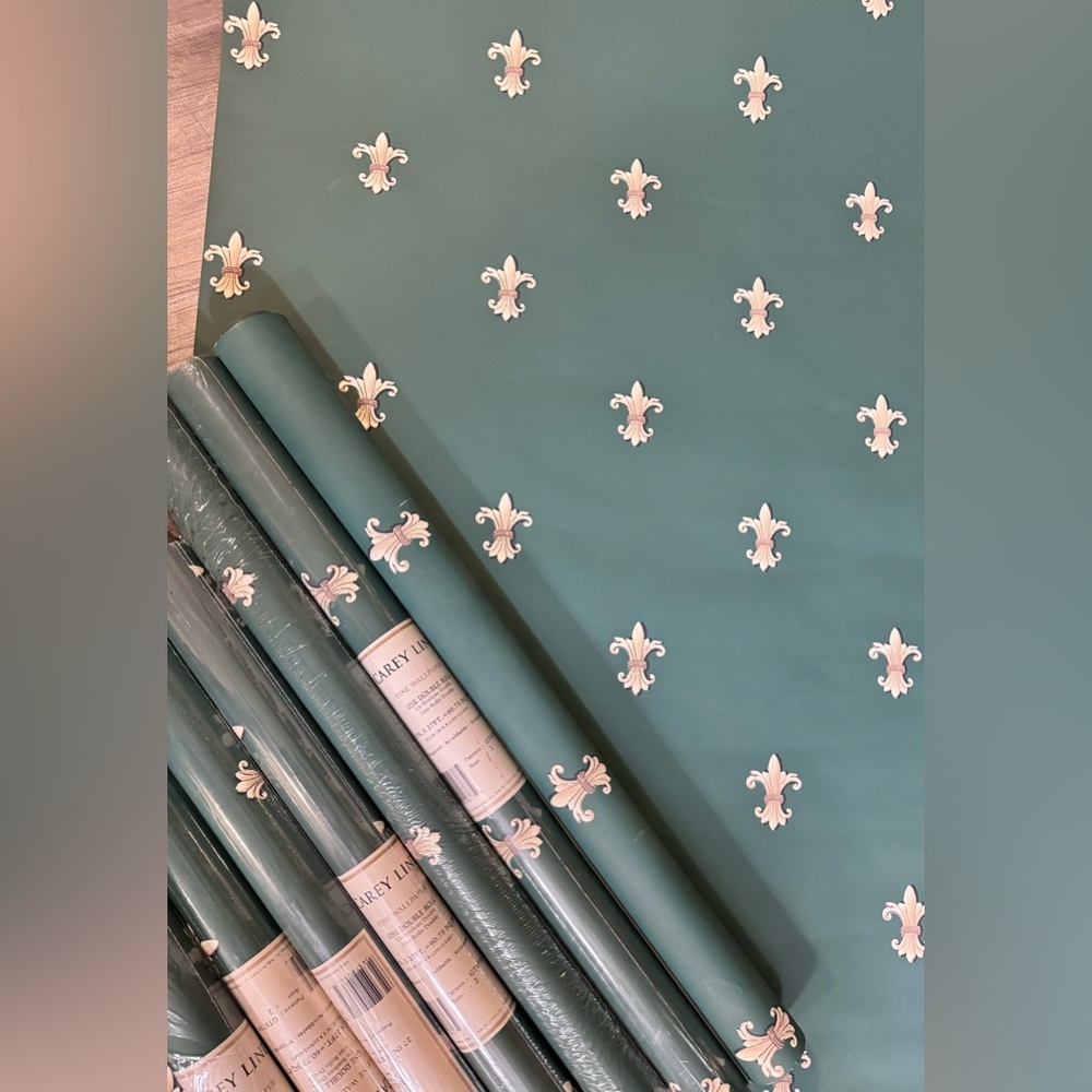 Carey Lind Fleur de Lis Wallpaper Double Rolls Lot Of 3 Green/ Beige New Vtg